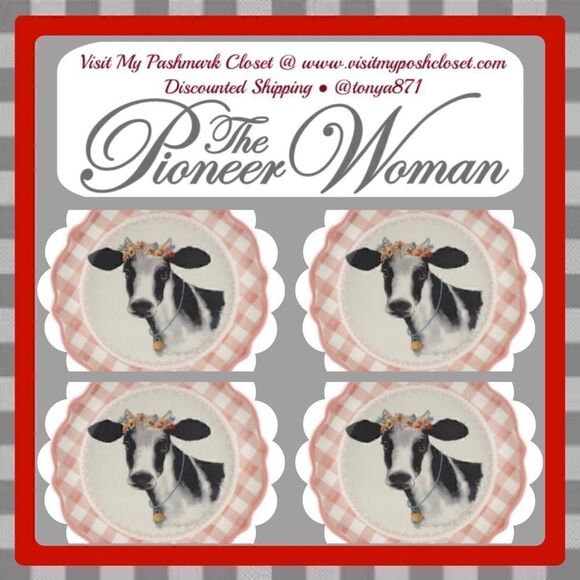 🦋 New Pioneer Woman Novelty Cow Appetizers 7"d Pink Gingham Plates, Set of 4 - Picture 4 of 7